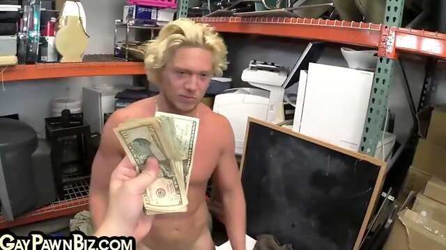 Blonde gay pawn gets a threesome suck and fuck in the office