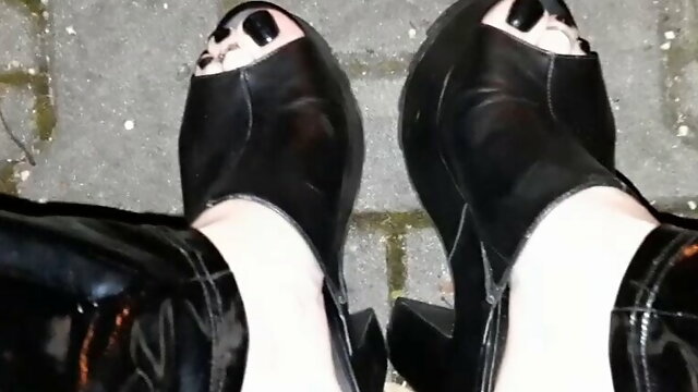 Kinky platform mules and latex pants