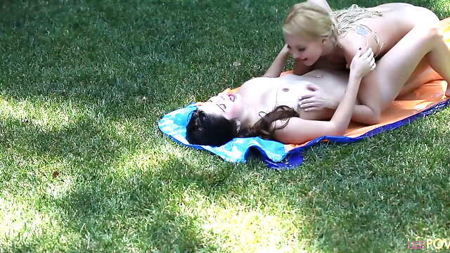 Slip and slide up in her lesbian lovers pussy as the outdoor fuck gets them both off