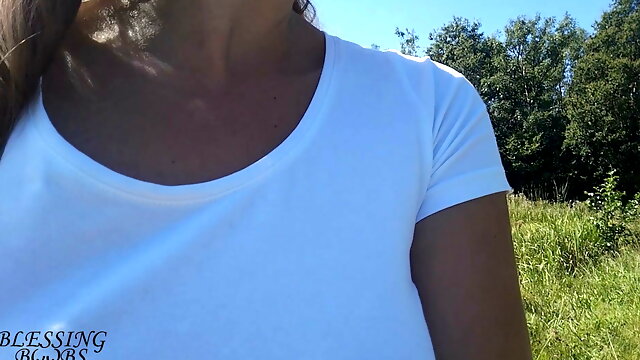 Nice walk without a bra, nipples shine through my white shirt (see through shirt) - boob walk