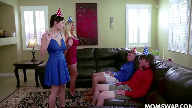 Two Busty MILF Giving Stepsons Awesome Birthday Surprise