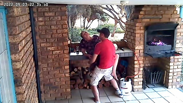 Spycam: CC TV self catering accomodation couple fucking on front porch of nature reserve 