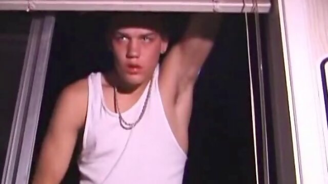 Not content to sit by while masturbating, Lance teases the neighbors by standing on the roof outside his bedroom window to give everyone a petting show. Then he ends up blowing his cum on the floor of his bedroom.