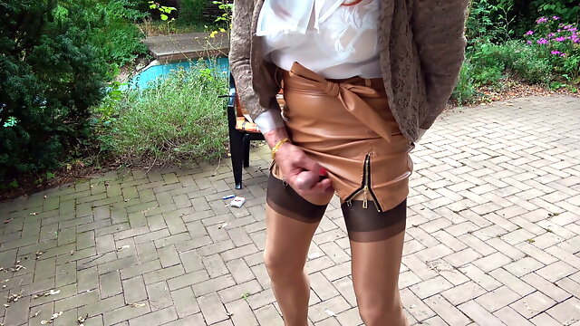 Cumshot In A Tight Leather Miniskirt, Nylon Stockings & Sheer Blouse