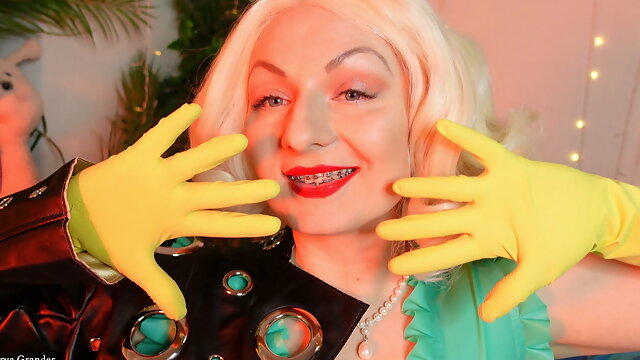 Sexually blonde MILF - blogger Arya - teasing with yellow latex household gloves (FETISH)