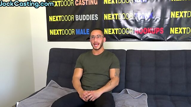 Handsome hairy stud jerks off his hard cock at his first casting