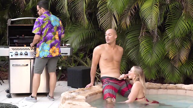 Blonde teen Bailey Brooke is having sex with her boyfriends boyfriend in the pool