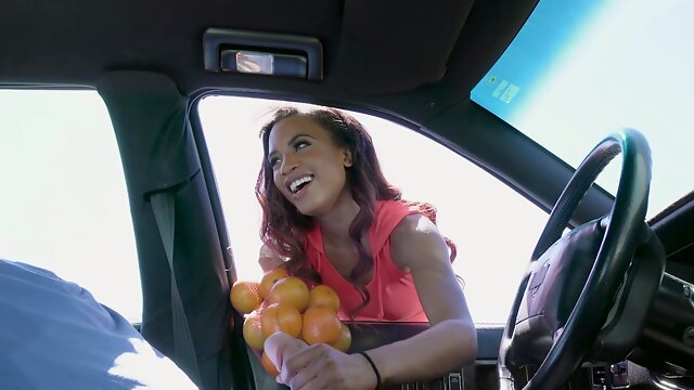 Cute ebony fucks stranger to sell oranges