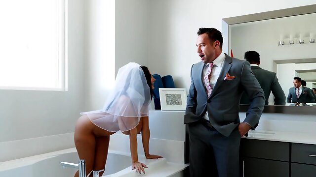 Brunette nympho fucks the best man just before wedding