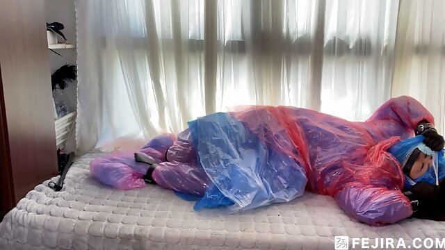 Fejira com Six-layer plastic raincoat with Zentai Rainwear Binding orgasm 