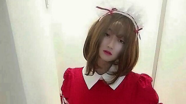 Japanese crossdresser miya masturbates with red dress