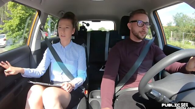 Busty milf fucked outdoors in the car by a driving student