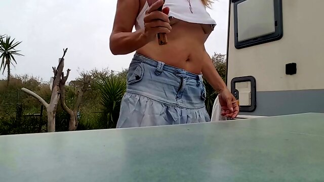 Nippleringlover - horny milf flashing pierced pussy and small tits with extreme nipple piercings outdoors