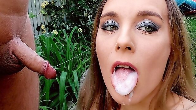 Sloppy blowjob outdoors - lots of spit, drooling and oral creampie - closeup