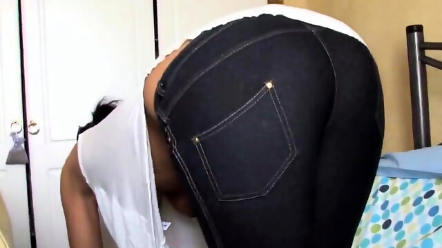 Big butt brunette shows off in a down blouse