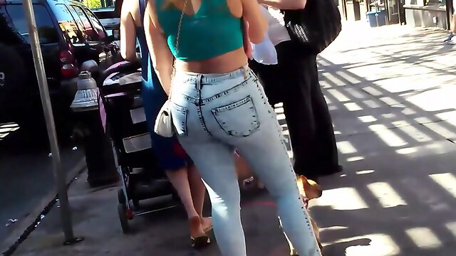 Sexy PAWG blonde in tight jeans at the bus station