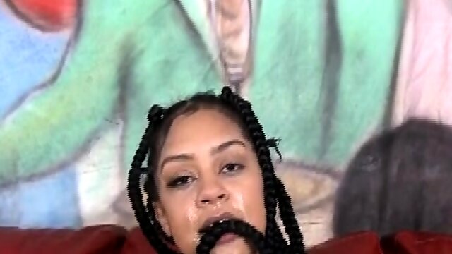 Braided Haired Black Ghetto Whore Gagging On A White Dick