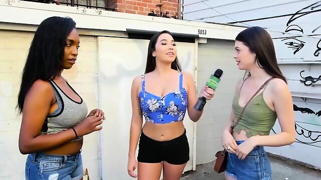 Two sexy girls flashing boobs in public for some money