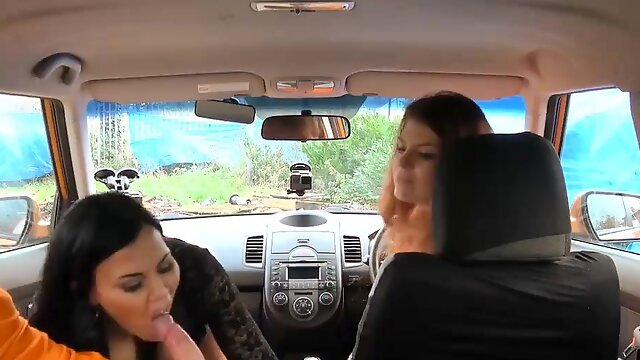 Lucia Love threesome sex in the car during her driving test