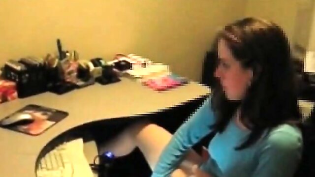 Amateur brunette have fun in front of computer