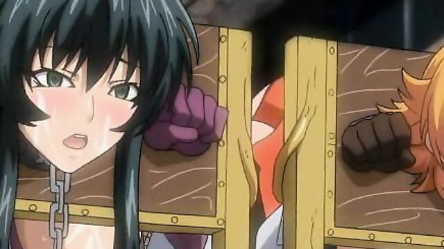 Caught and chained hentai babes gets brutally gangbanged