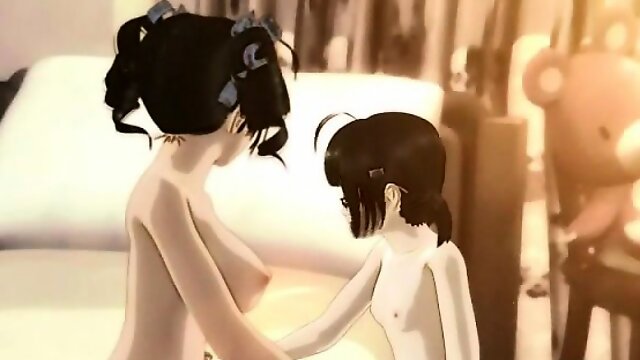 3D anime lesbians sharing a dildo