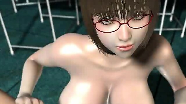 3D anime girl in glasses slurp cum