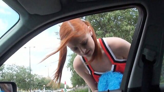 Pigtailed redhead cheerleader Eva Berger drilled by stranger