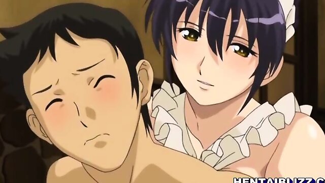 Japanese maid hentai virgin sucking dick and poking from beh