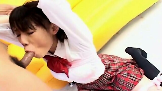 Horny Japanese teen in school uniform sucks cock Uncensored