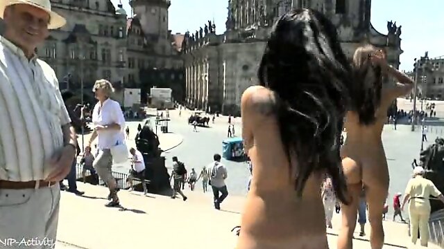Hot babes shows their naked bodies on public streets