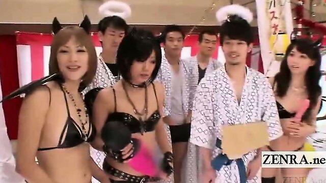 Subtitled Japanese orgy extras glumly wait their turn