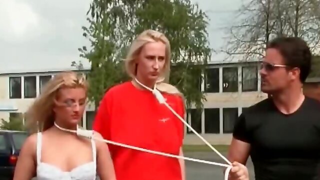 Two hot blonde girls are on a leash part5