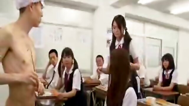 Naked in school CFNM style student jerks himself in front