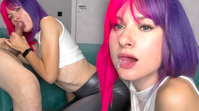 Pink-Haired Beauty Passionately Sucks and Cum Swallow