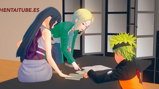 Naruto Hentai 3D - Naruto FUCKS Sakura UNDER THE TABLE WHILE TALKING TO Hinata AND Tsunade - Anime Manga sex porn animation