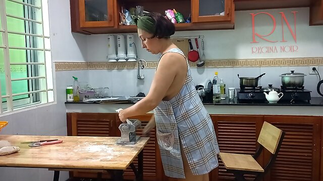 Ravioli Time! Naked Cooking. Regina Noir, a nudist cook at nudist hotel resort. Nude maid. Naked housewife. Teaser
