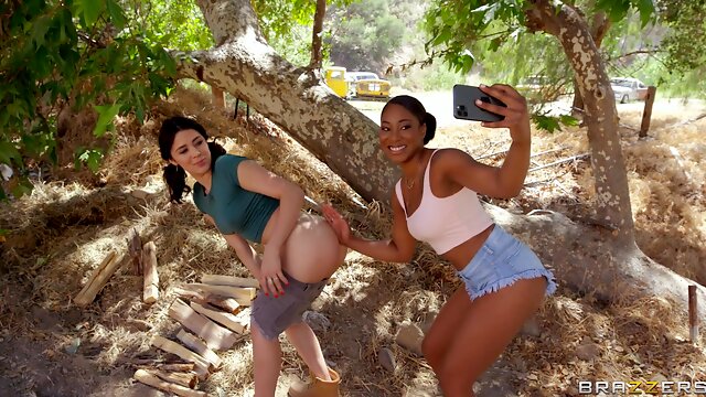 Outdoor lesbian foreplay with sexy Lala Ivey and Kylie Rocket