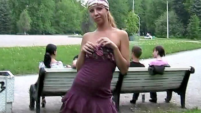 Dress upskrit and tits flash outdoors