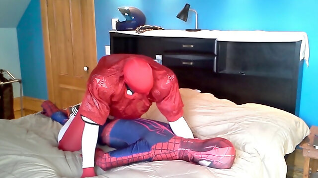 Red morphsuit with milky socks vs spiderman
