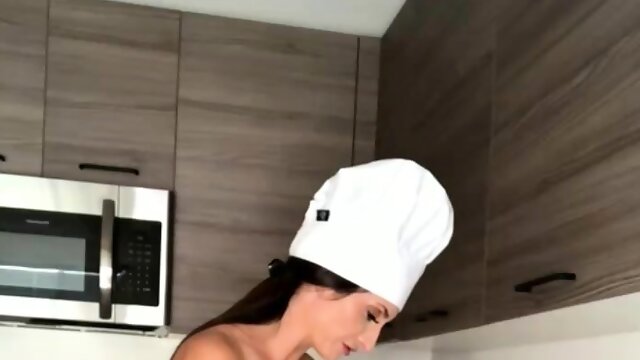 Sexy brunette housewife with big boobs loves to cook naked