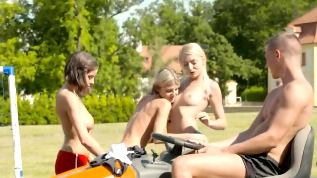 3 teens suck one cock on the tennis field