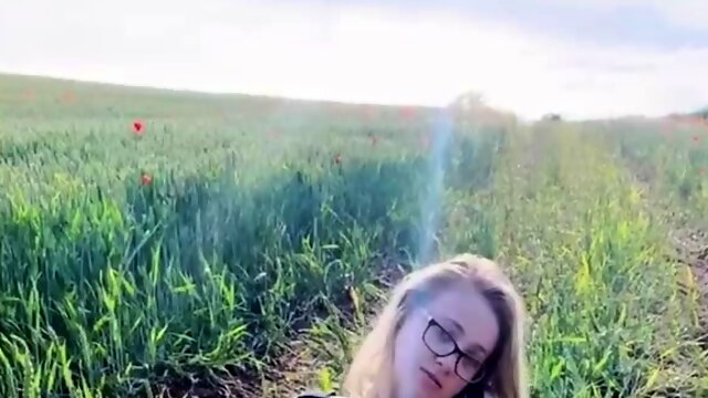 Nerdy amateur teen with big hooters pleases herself outdoors