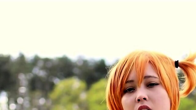 Asian redhead teen fingers her tight cunt in a public park