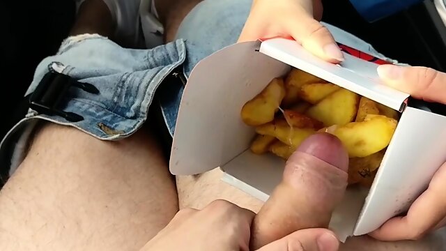 Kinky girlfriend eating her fries with hot cum in the car