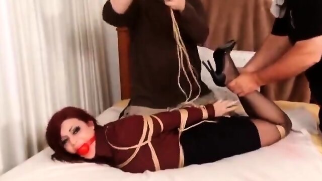 Hot brunette wife bound and gagged by two masked burglars