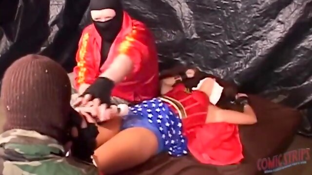 Cosplay brunette with big boobs gets restrained and fucked