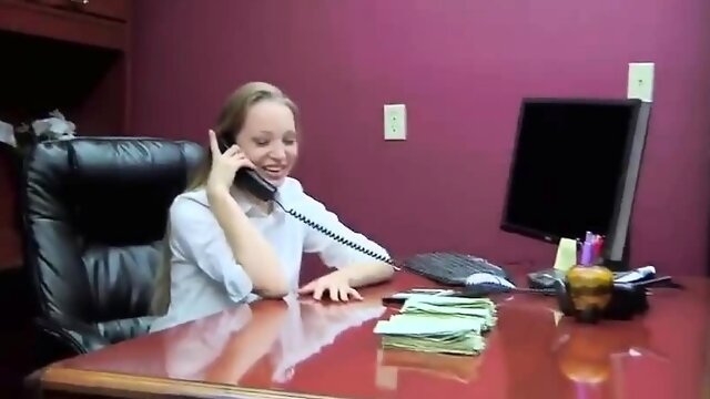 Slender blonde with big tits gets restrained in the office