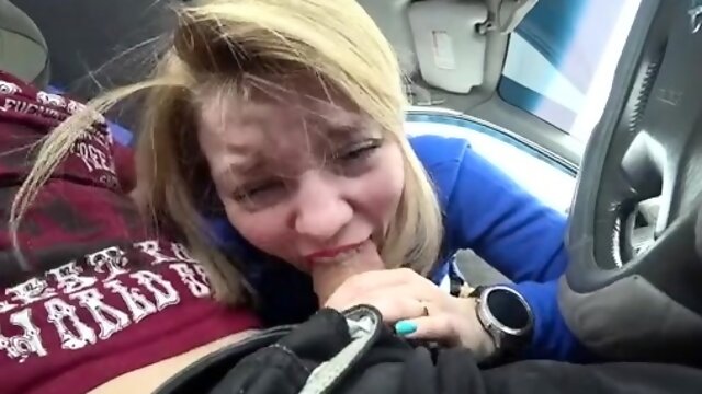 Naughty blonde teen delivers a deep POV blowjob in the car