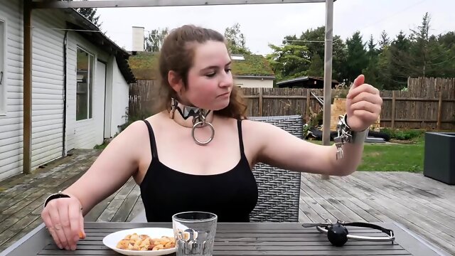 Amateur young babe trained in bondage and submission outside